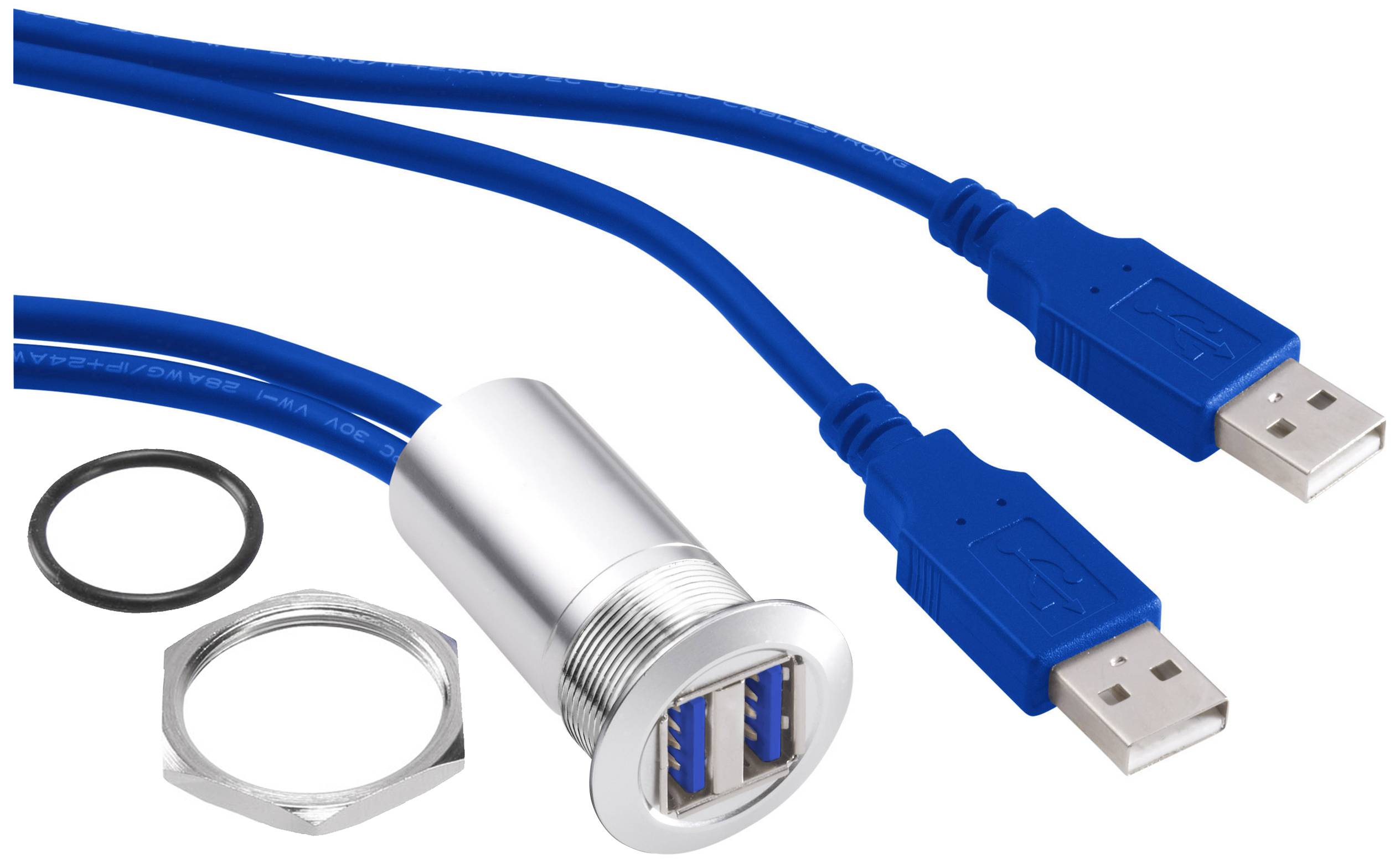 Deux câbles USB bleus, connectés à un adaptateur USB double rond et argenté. Des accessoires de montage sont disposés à côté.