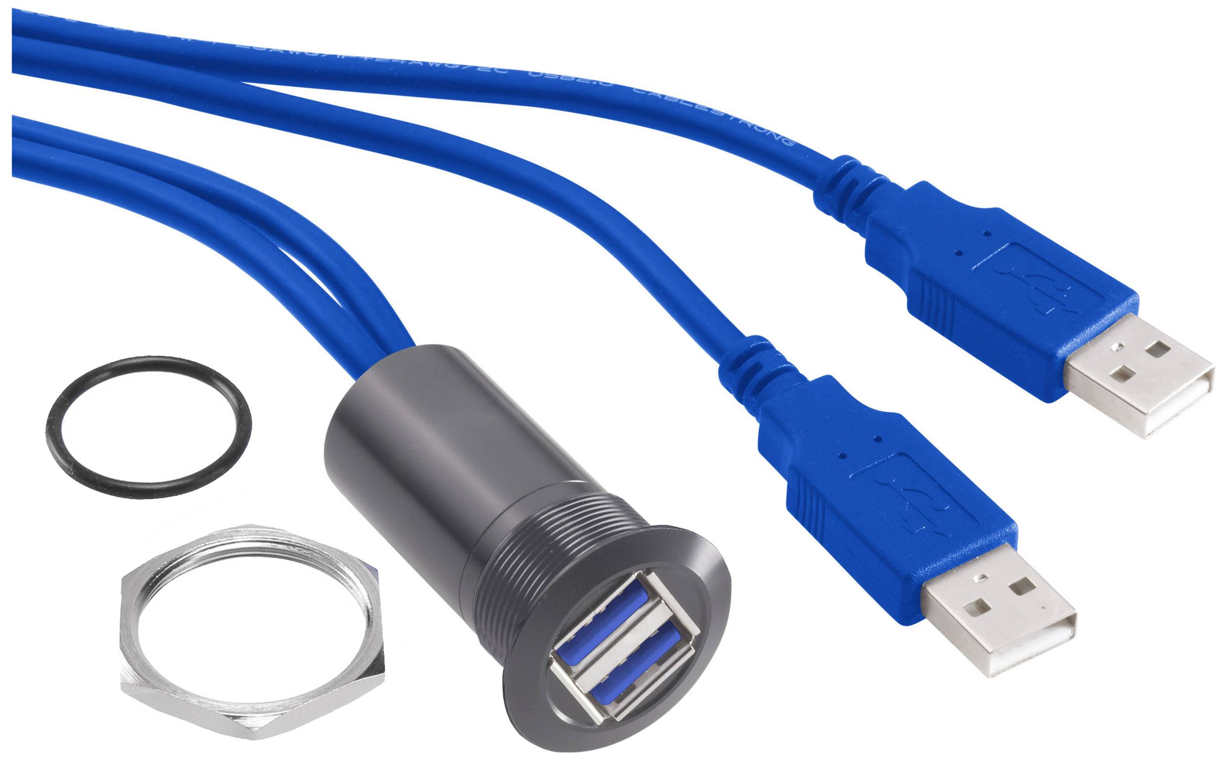 Adaptateur USB bleu avec deux ports USB et accessoires de montage, comprenant un joint et un écrou, sur fond blanc.