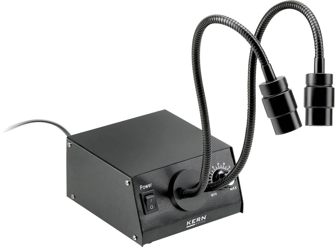 Lumière LED à deux faisceaux avec bras flexible, adaptée à l'éclairage ciblé dans les laboratoires ou lors d'examens optiques.