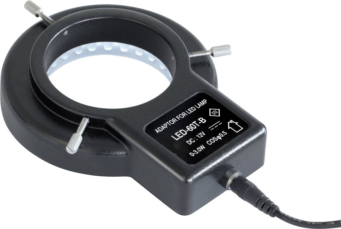 Anneau LED rond avec câble d'alimentation, boîtier noir, marqué 'ADAPTATEUR POUR LAMPE LED LED-501-B 6V-12V 0,3W CLASSE 3' et avec avertissements.