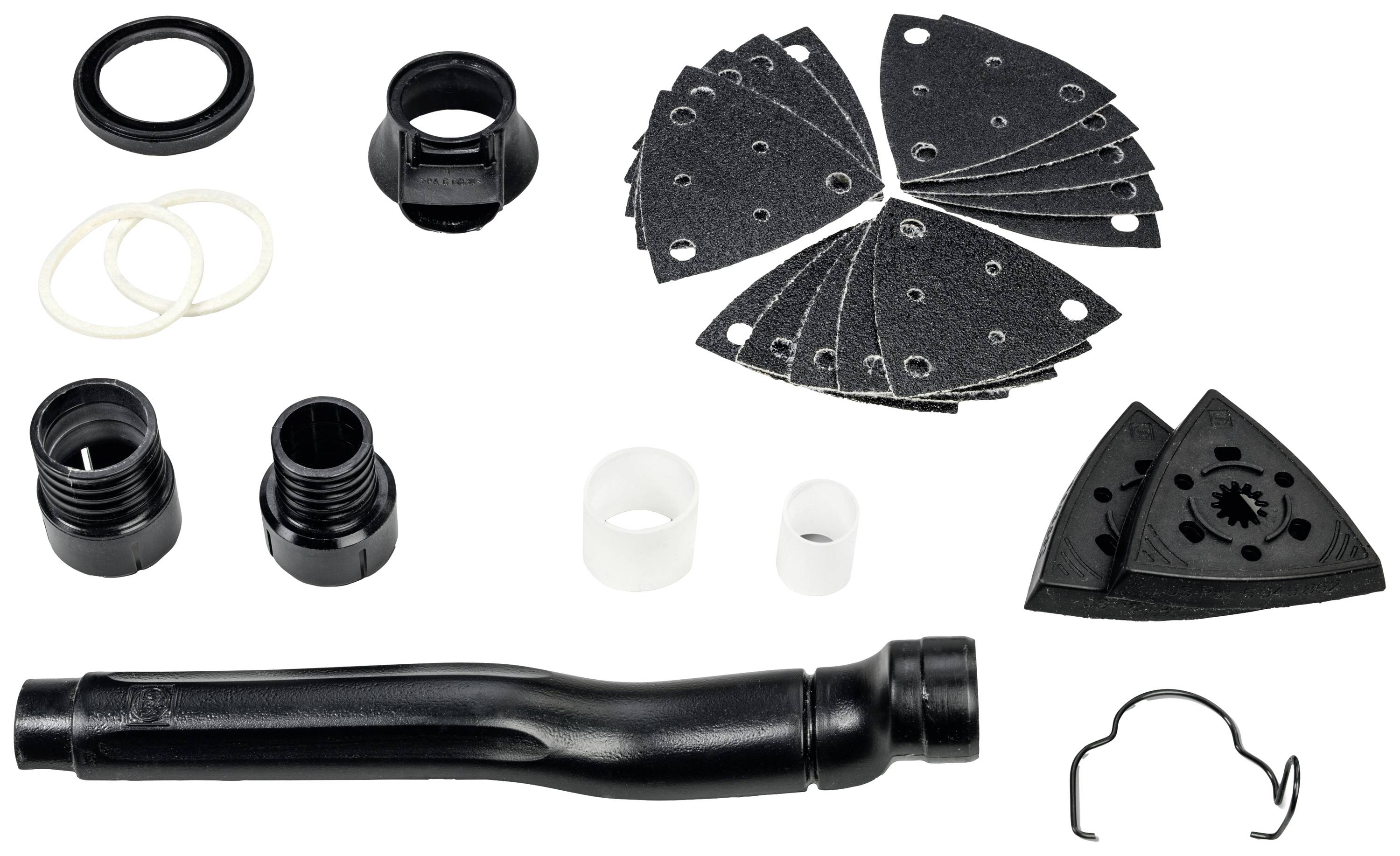 Différentes pièces accessoires pour un outil multifonction, comprenant des disques abrasifs, des embouts et des adaptateurs, sur un fond blanc.