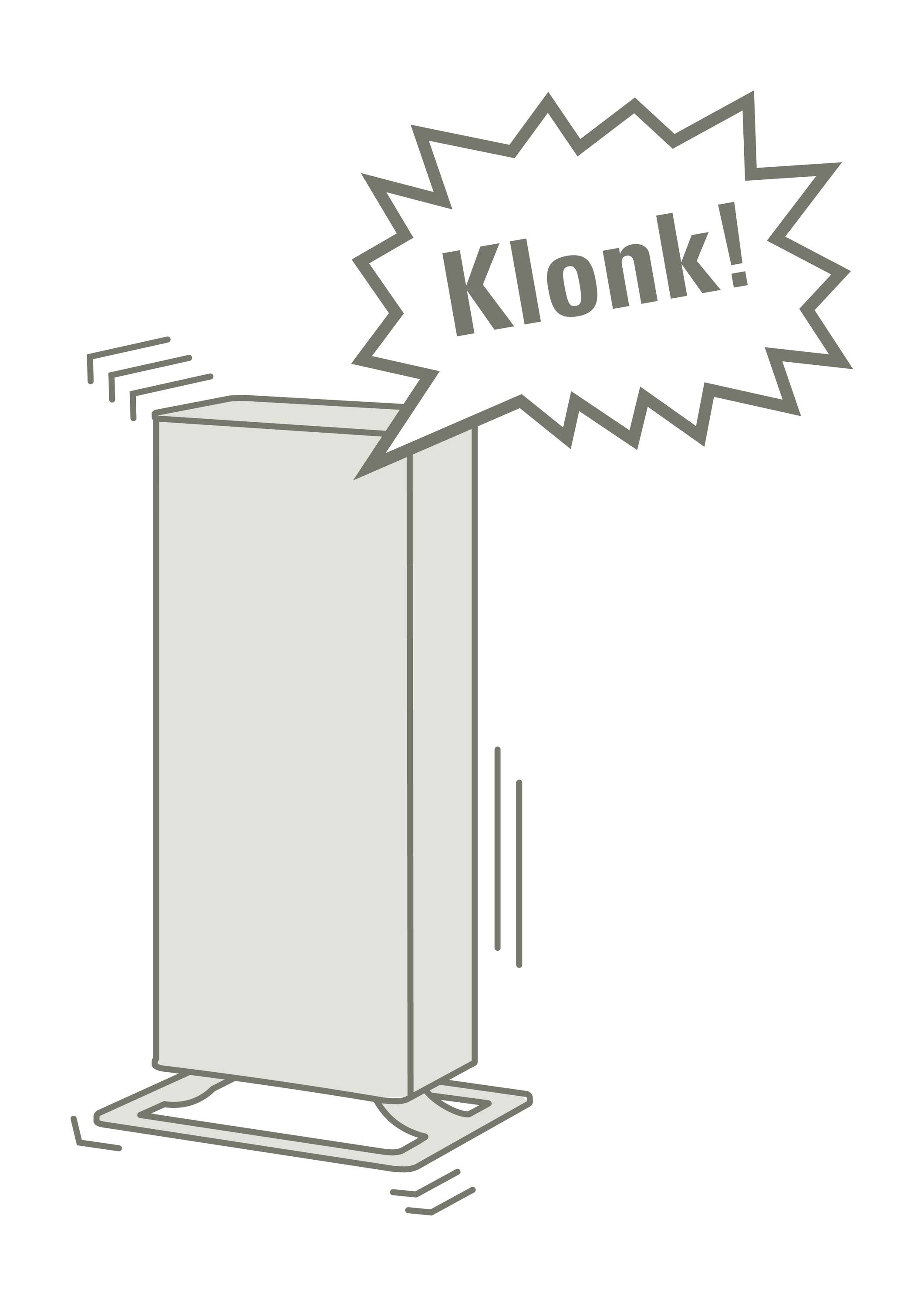 Un grand bloc gris vibre et fait le bruit « Klonk ! », représenté par une bulle de dialogue.