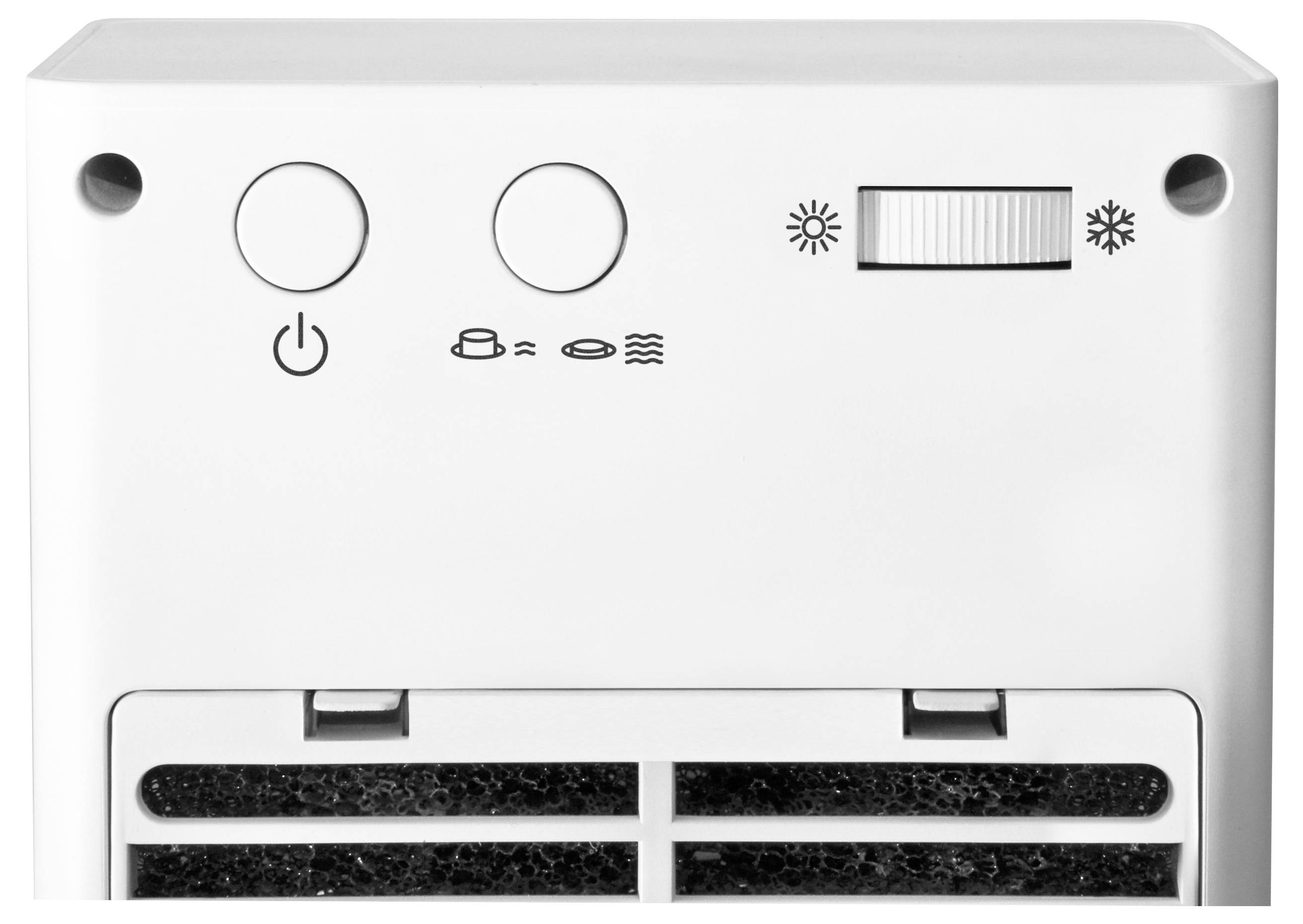 Panneau de commande d'un purificateur d'air avec interrupteur marche/arrêt, symboles de modes de fonctionnement et un curseur de réglage de la vitesse du ventilateur.