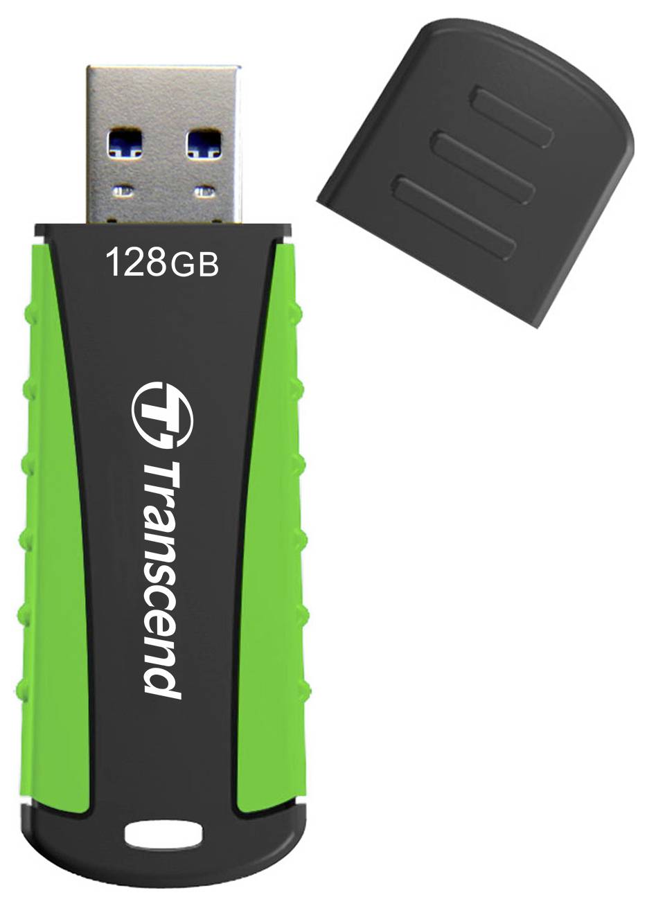 Une clé USB à boîtier vert et noir, d'une capacité de 128 Go, de la marque Transcend, à côté de son capuchon de protection noir retiré.