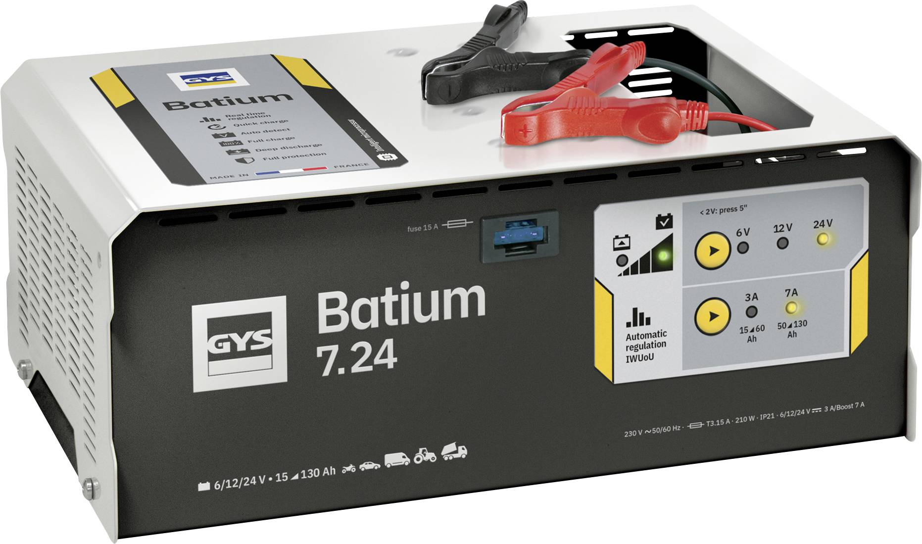 Chargeur de batterie GYS Batium 7.24 avec commandes numériques, paramètres 6/12/24V, mode de maintenance automatique et pinces rouge et noire attachées.