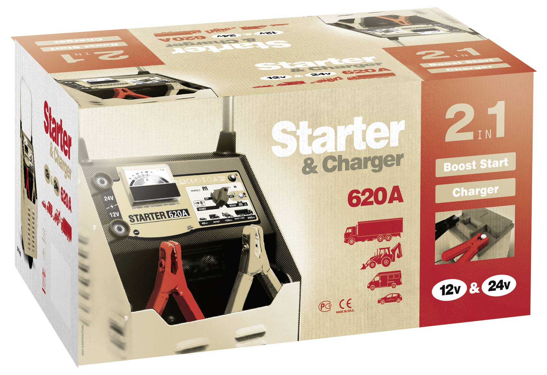 Boîte d'emballage pour un appareil 2-en-1 « Démarreur et chargeur », évalué à 620A, montrant un chargeur de batterie automobile compatible 12V et 24V.