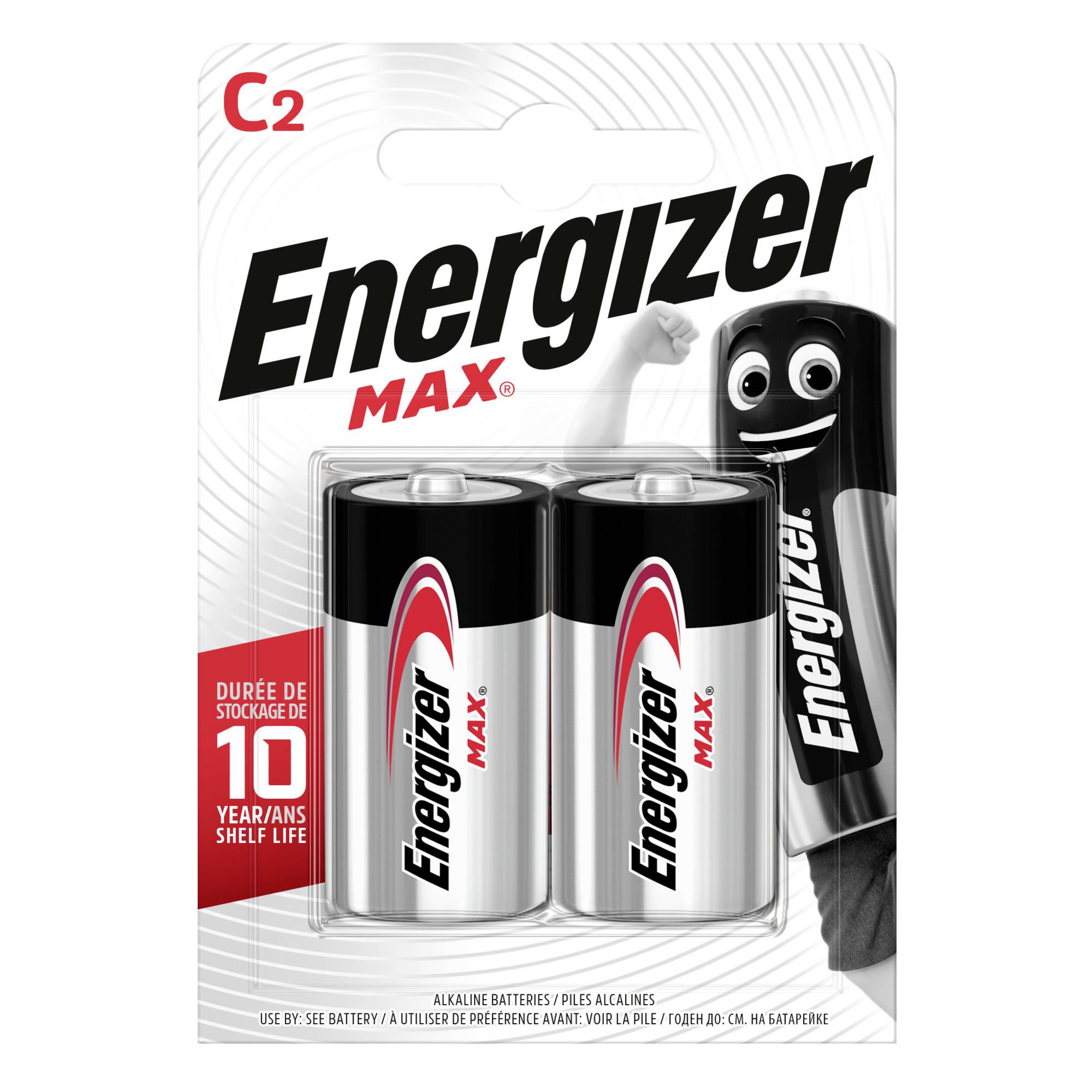 Emballage de piles 'Energizer Max', contenant deux piles C2. Inscription : « Durée de conservation de 10 ans ». Mascotte de la pile représentée à droite.