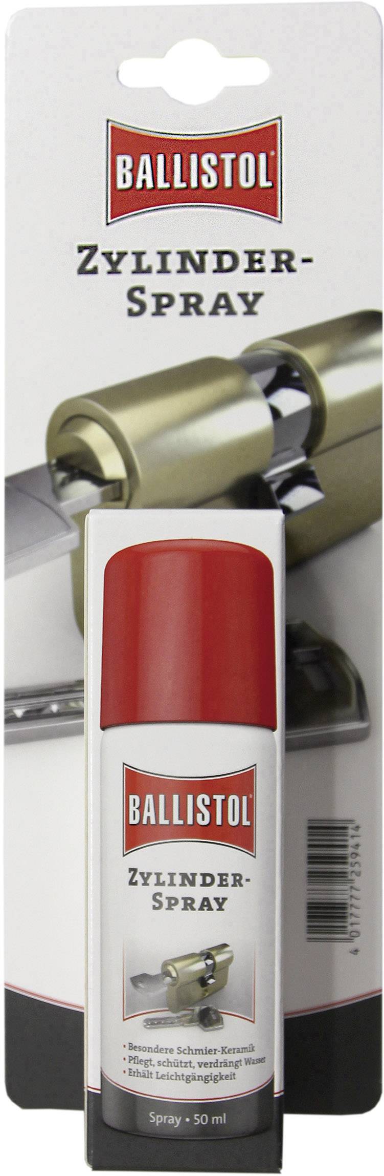 Bombe aérosol Ballistol pour cylindres, avec illustration d'une serrure de porte. Spray de lubrification pour serrures de cylindre.