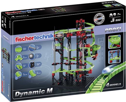 Kit de construction 'Dynamic M' de fischertechnik pour enfants à partir de 7 ans, comprenant la construction de quatre modèles et des éléments de circuit à billes.