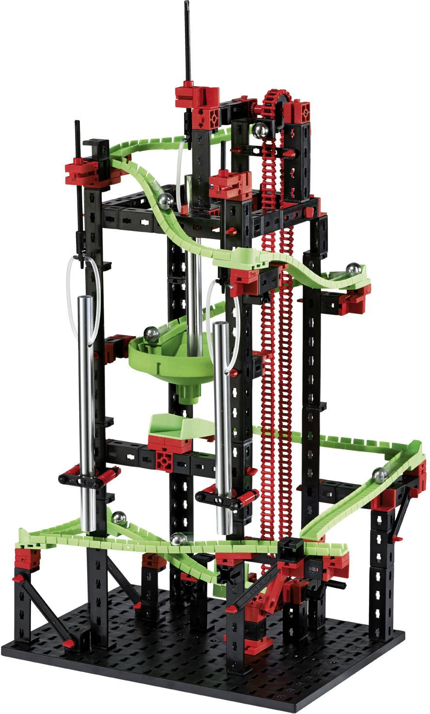 Modèle de boîte à outils technique composé de pièces noires et rouges avec des rails verts, construit en structure verticale avec des éléments mobiles.