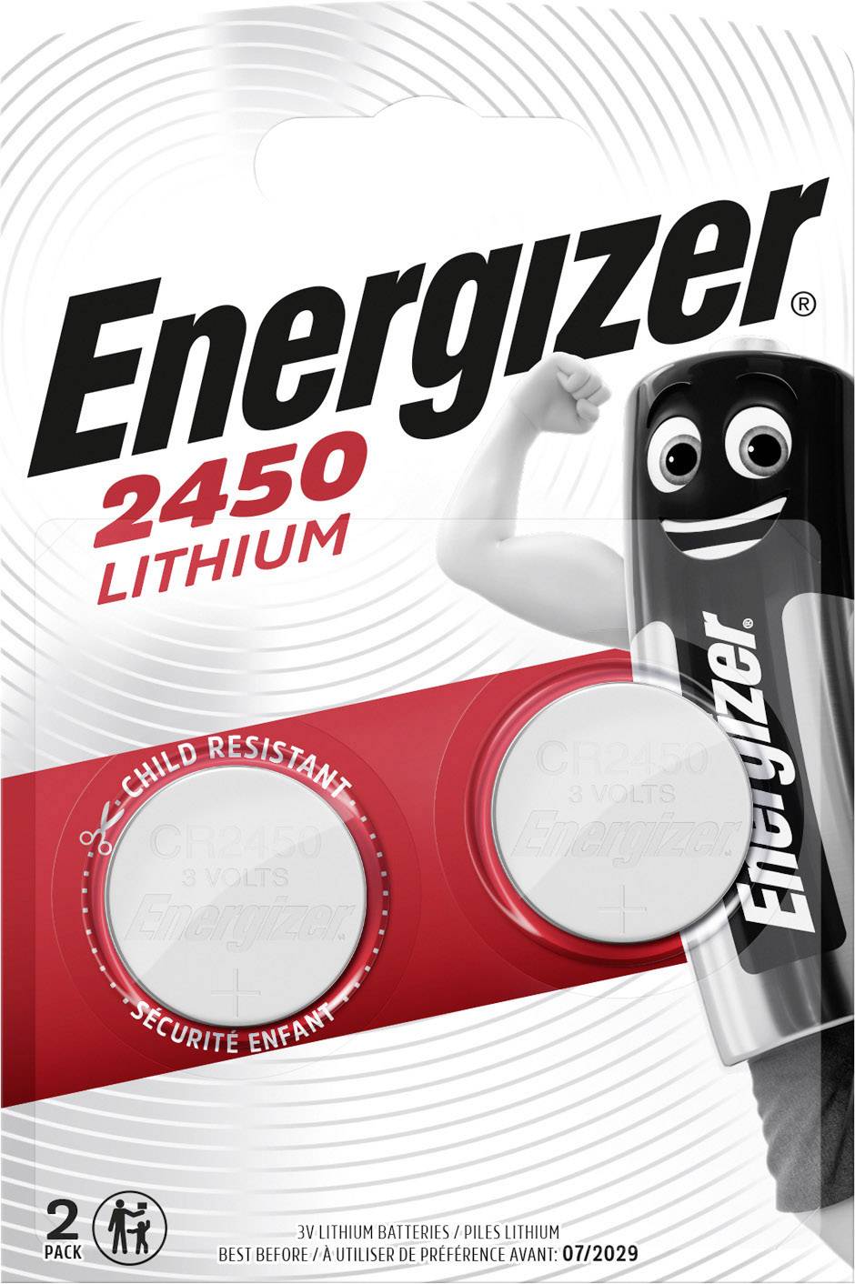 Piles Energizer 2450 Lithium, 3V, sécurité enfant, 2 pièces par paquet, date de péremption : 07/2029.