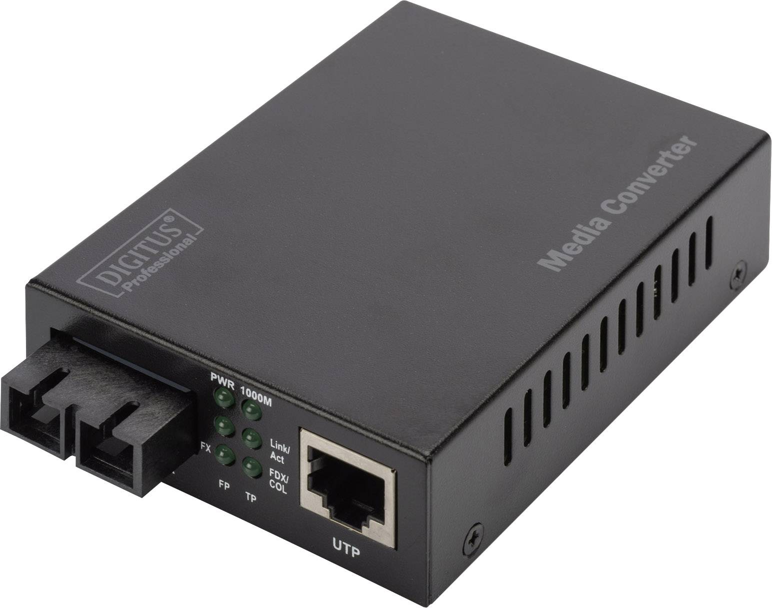 Convertisseur multimédia noir avec une prise Ethernet et une prise fibre optique, doté de LED d'activité et de statut sur la face avant.