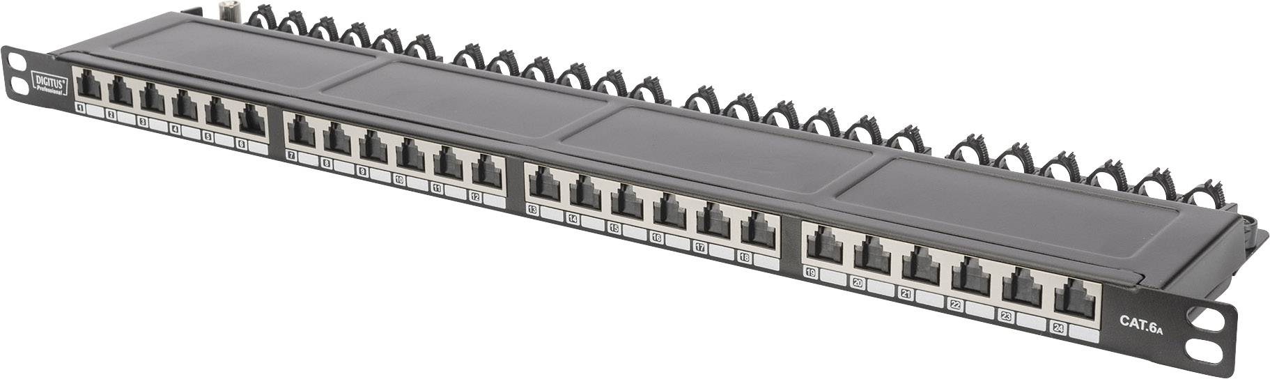 Panneau de brassage avec 24 ports Ethernet pour câblage réseau, compatible avec des câbles Cat 6A, monté en rack.
