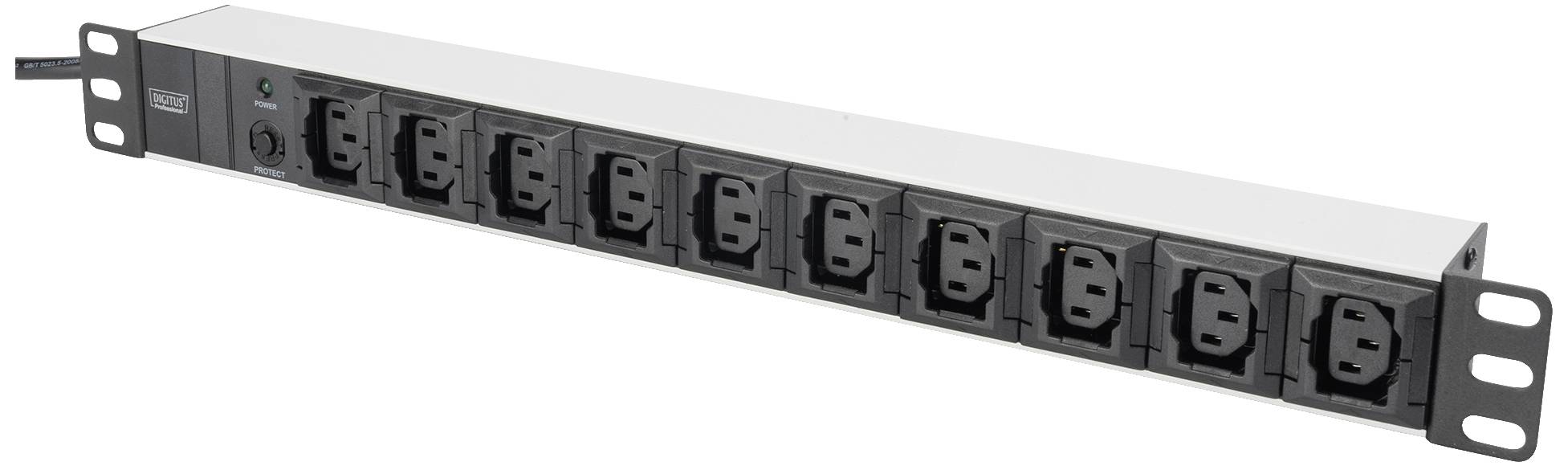 Une barrette d'alimentation blanche avec dix prises noires et un interrupteur marche/arrêt, adaptée au montage en rack dans les salles de serveurs.