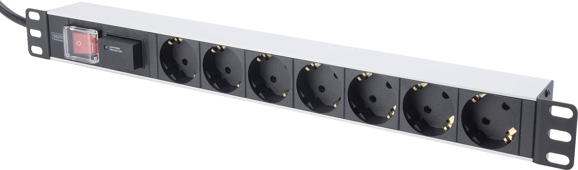 Barrette d'alimentation avec huit prises Schuko et un interrupteur marche/arrêt lumineux, conçue pour être fixée dans un rack 19 pouces.