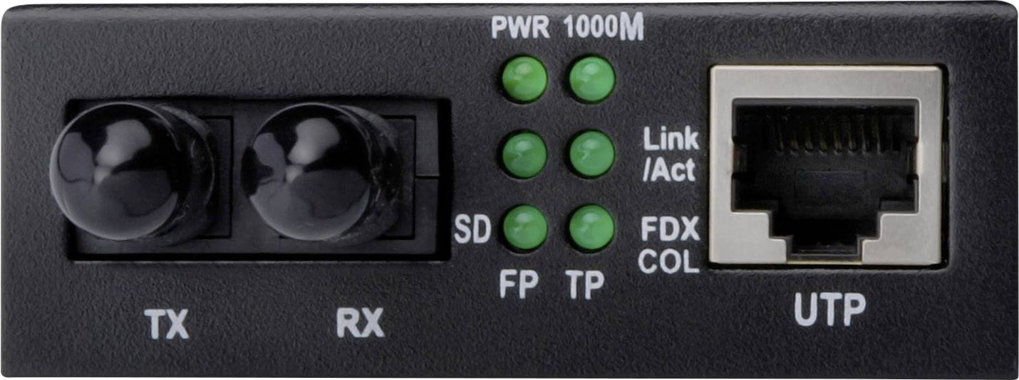 'Convertisseur multimédia réseau avec connexions fibre optique TX/RX, voyants LED d'état pour l'alimentation et la connexion, ainsi qu'un port Ethernet UTP sur la droite.'