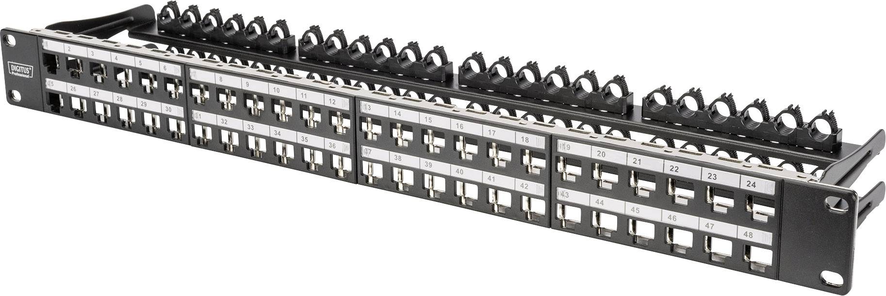 Un panneau de brassage avec plusieurs ports Ethernet, numérotés de 1 à 24, pour l'organisation et la gestion des câbles réseau.