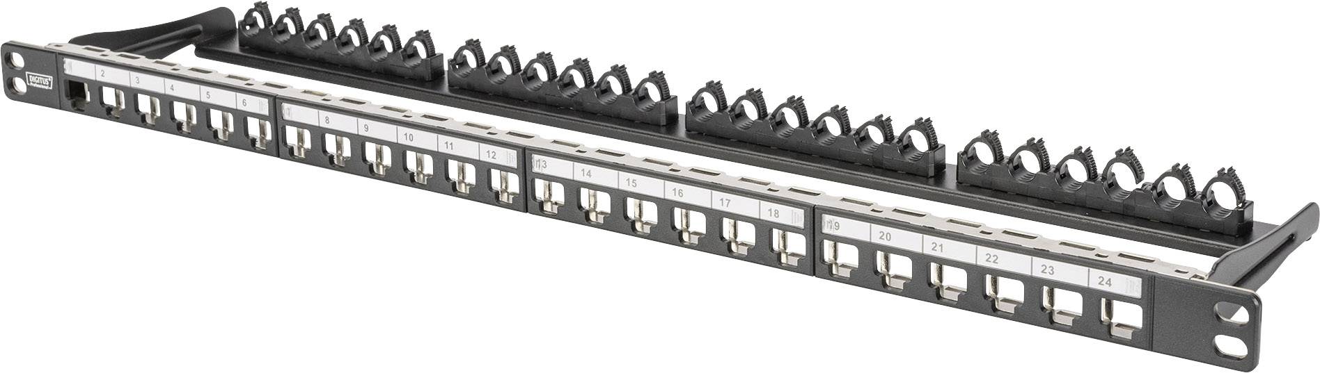 Panneau de brassage à 24 ports, numéroté de 1 à 24, adapté à l'organisation et à la gestion des connexions réseau dans une salle de serveurs.