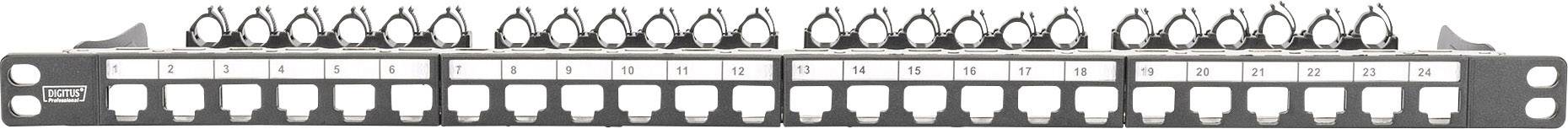 Un panneau de brassage avec 24 ports RJ45, numérotés de 1 à 24, pour le câblage réseau dans une salle de serveurs ou un centre de données.