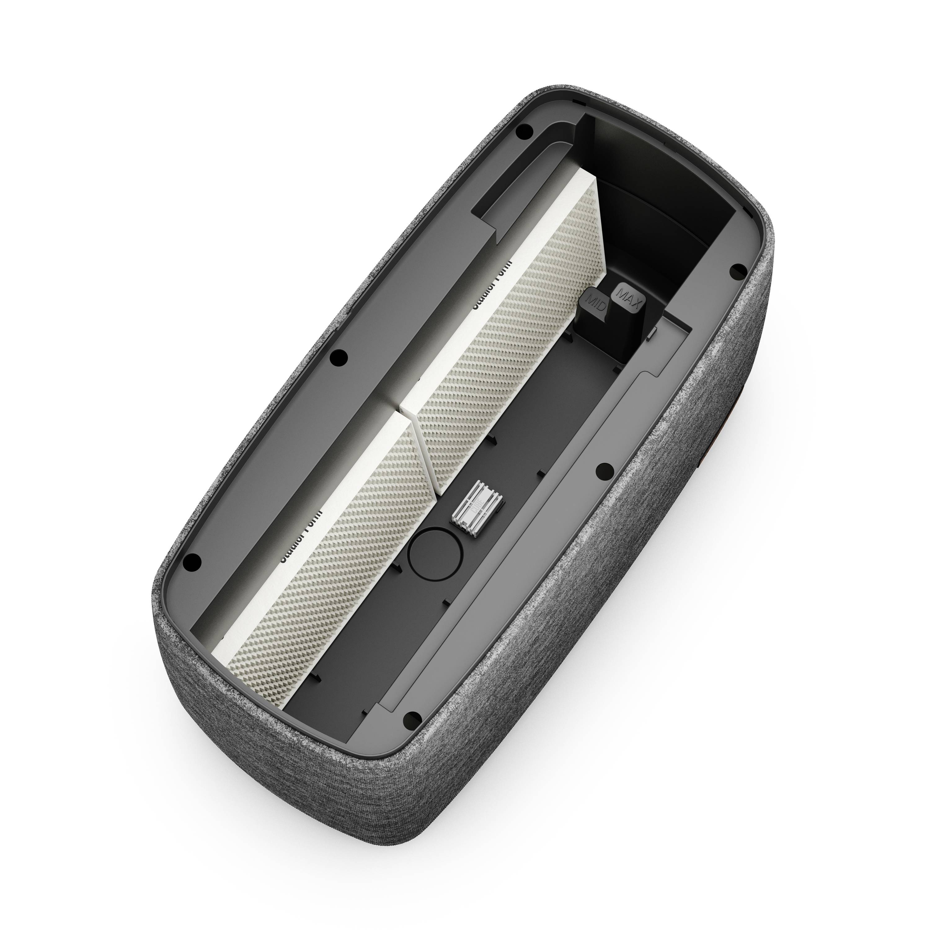 Purificateur d'air avec compartiment ouvert, deux filtres rectangulaires, boîtier gainé de gris.
