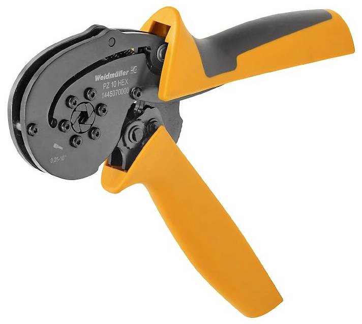 Une pince à sertir orange de Weidmüller pour connecter des câbles, avec une ouverture de sertissage hexagonale et une poignée recouverte de noir.