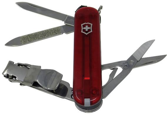 Un couteau suisse rouge avec lame dépliée, ciseaux, lime à ongles et décapsuleur.