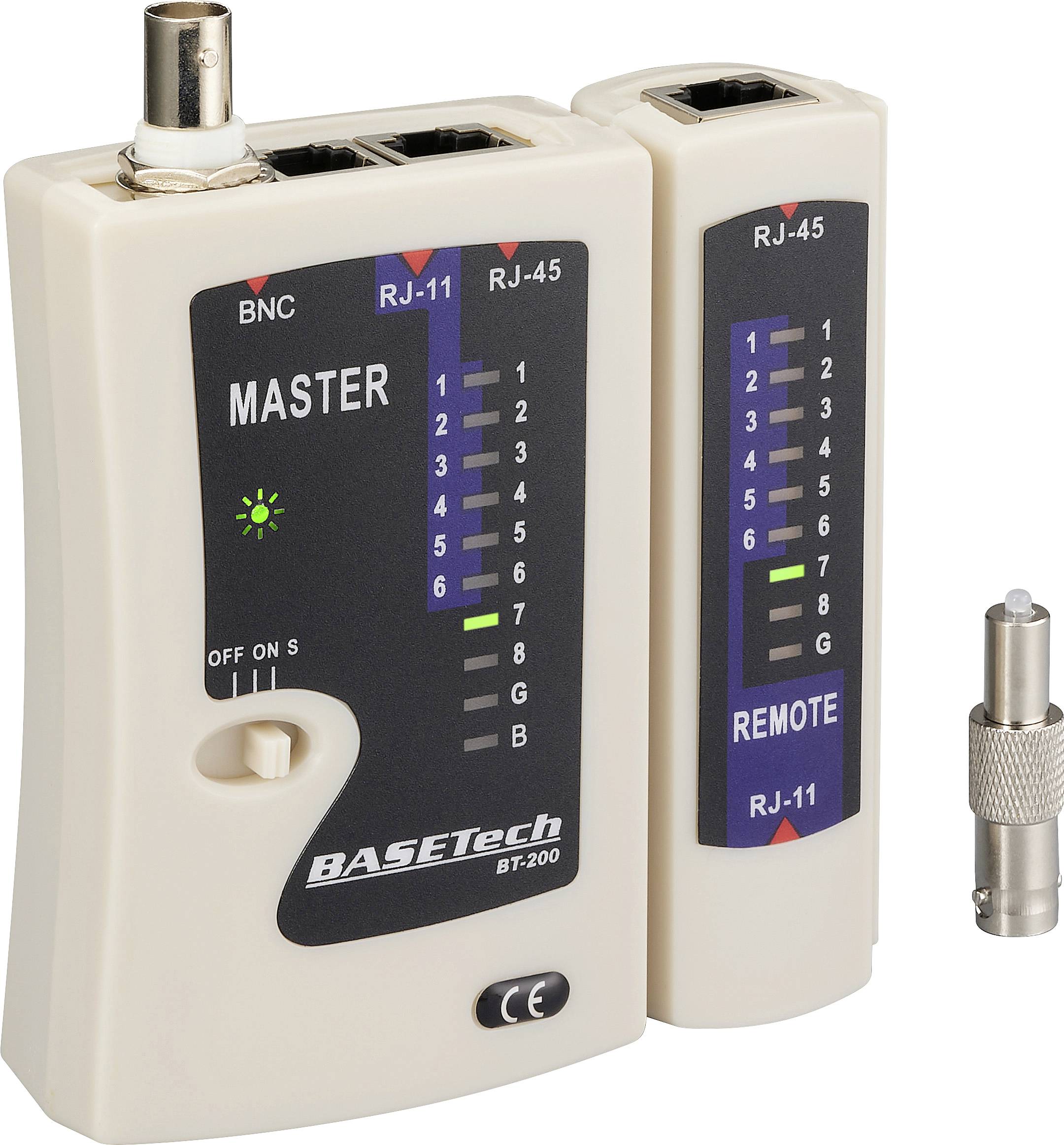 Testeur de câble réseau « BASETch BT-200 » avec connecteur BNC, ports RJ-11 et RJ-45 pour vérifier les connexions de câbles ; comprend les unités maître et distante.