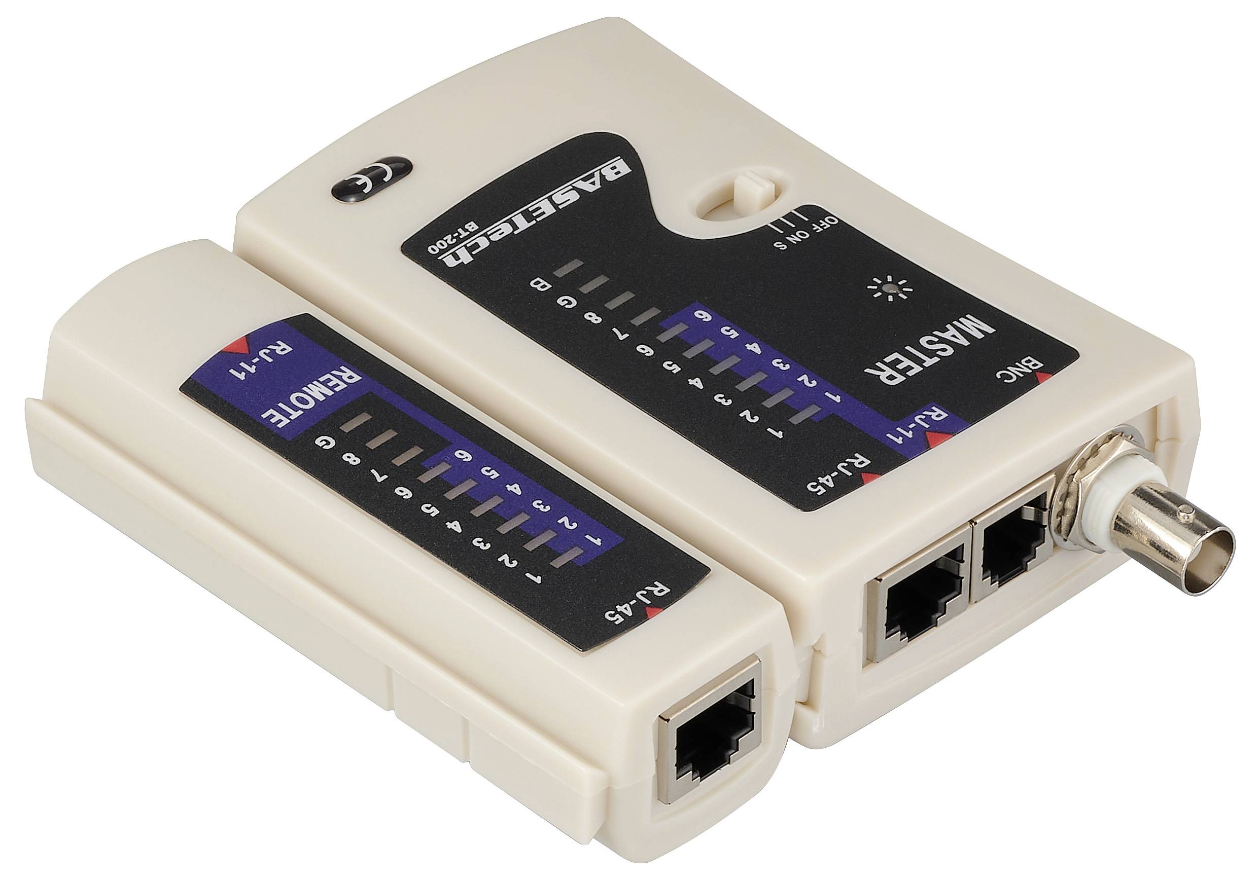Un testeur de câble réseau beige avec unités maître et distante détachables, affichant des indicateurs LED pour différentes lignes de câble marquées RJ-11 et RJ-45.