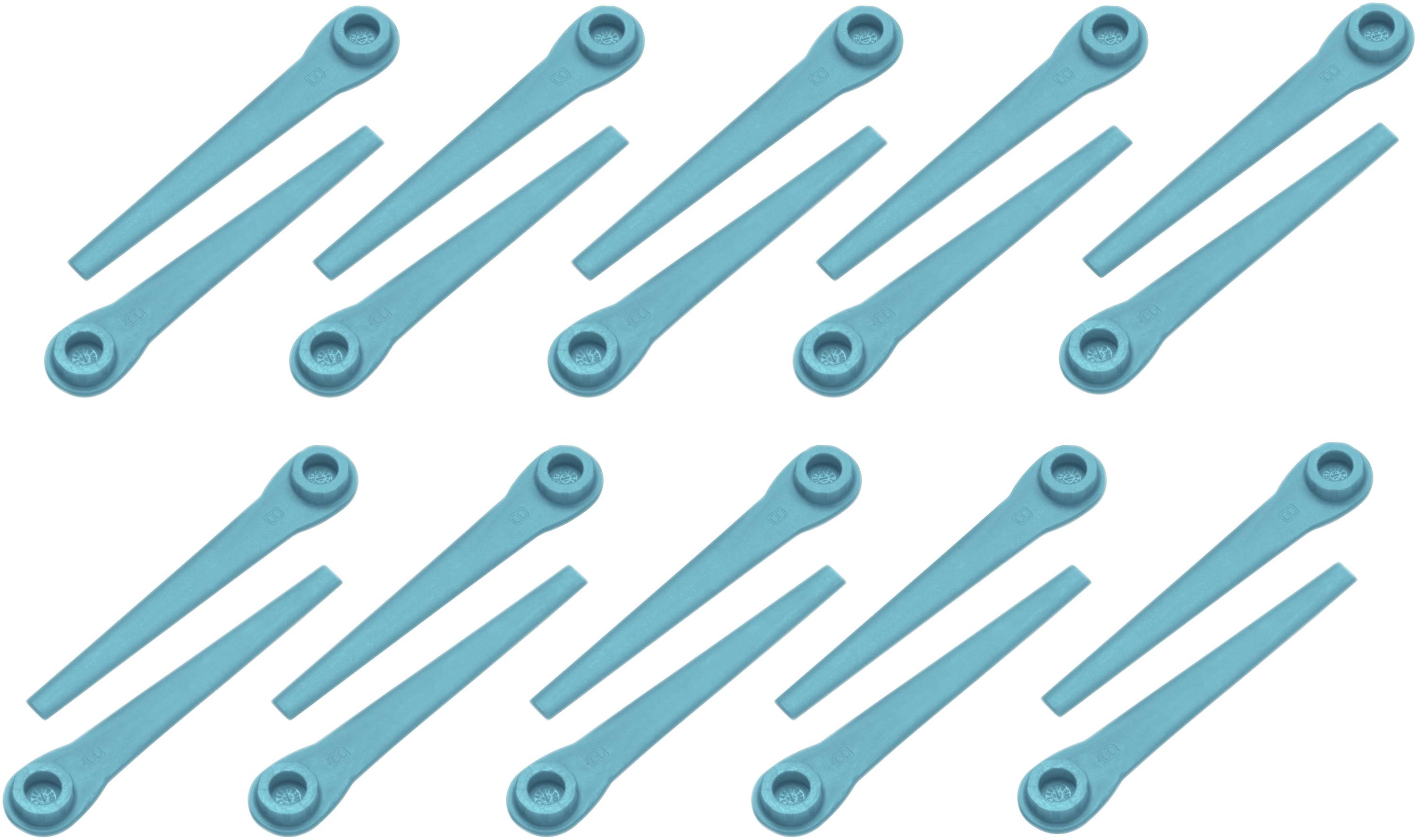 Un ensemble de dix-huit clés en plastique bleu disposées sur un fond blanc, réparties uniformément en trois rangées. Elles sont par exemple utilisées pour les bouchons de bouteilles.