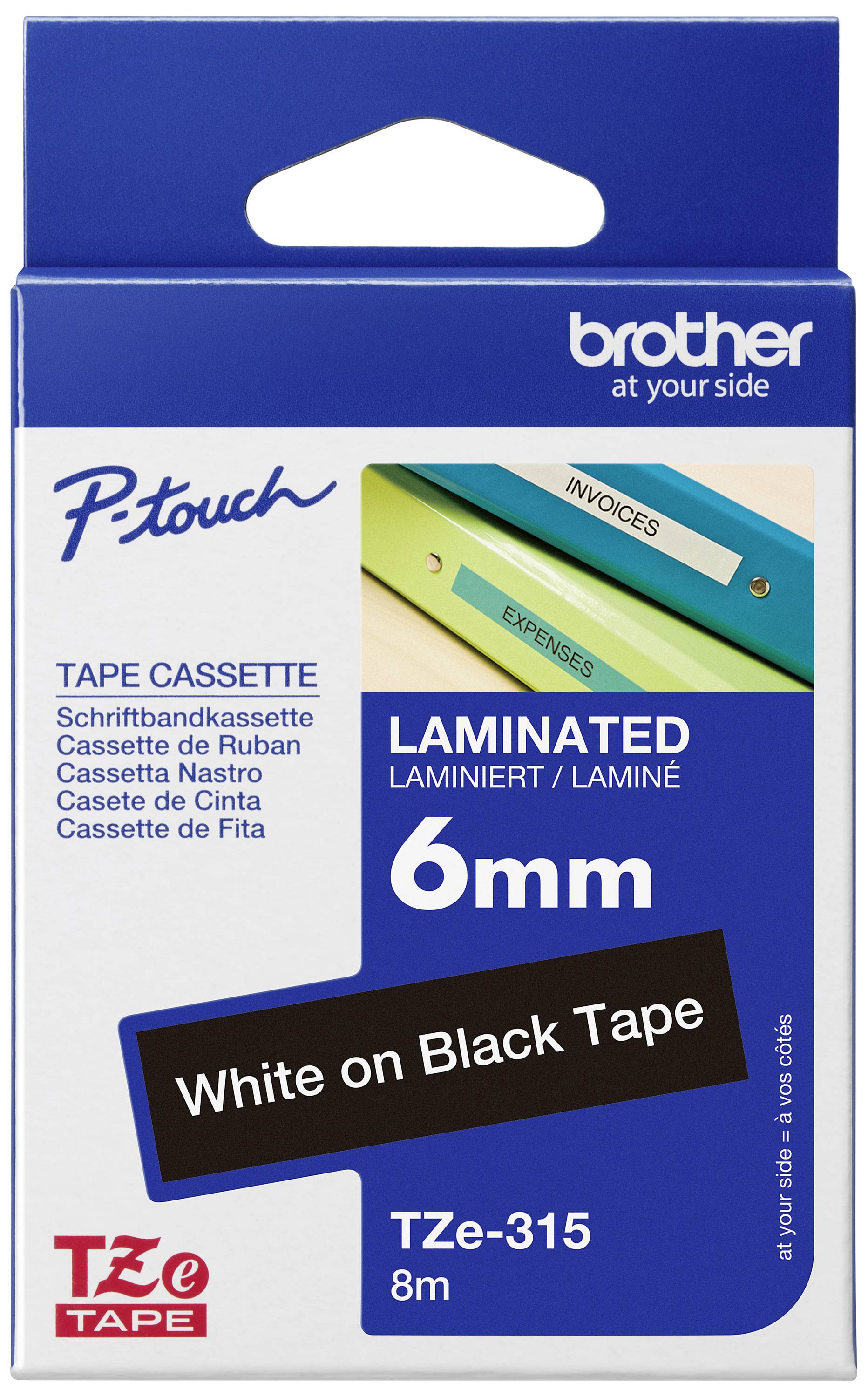 Cassette de ruban Brother P-touch TZe-315. Texte 'Ruban Blanc sur Noir, Laminé, 6mm'. Adapté pour l'étiquetage.