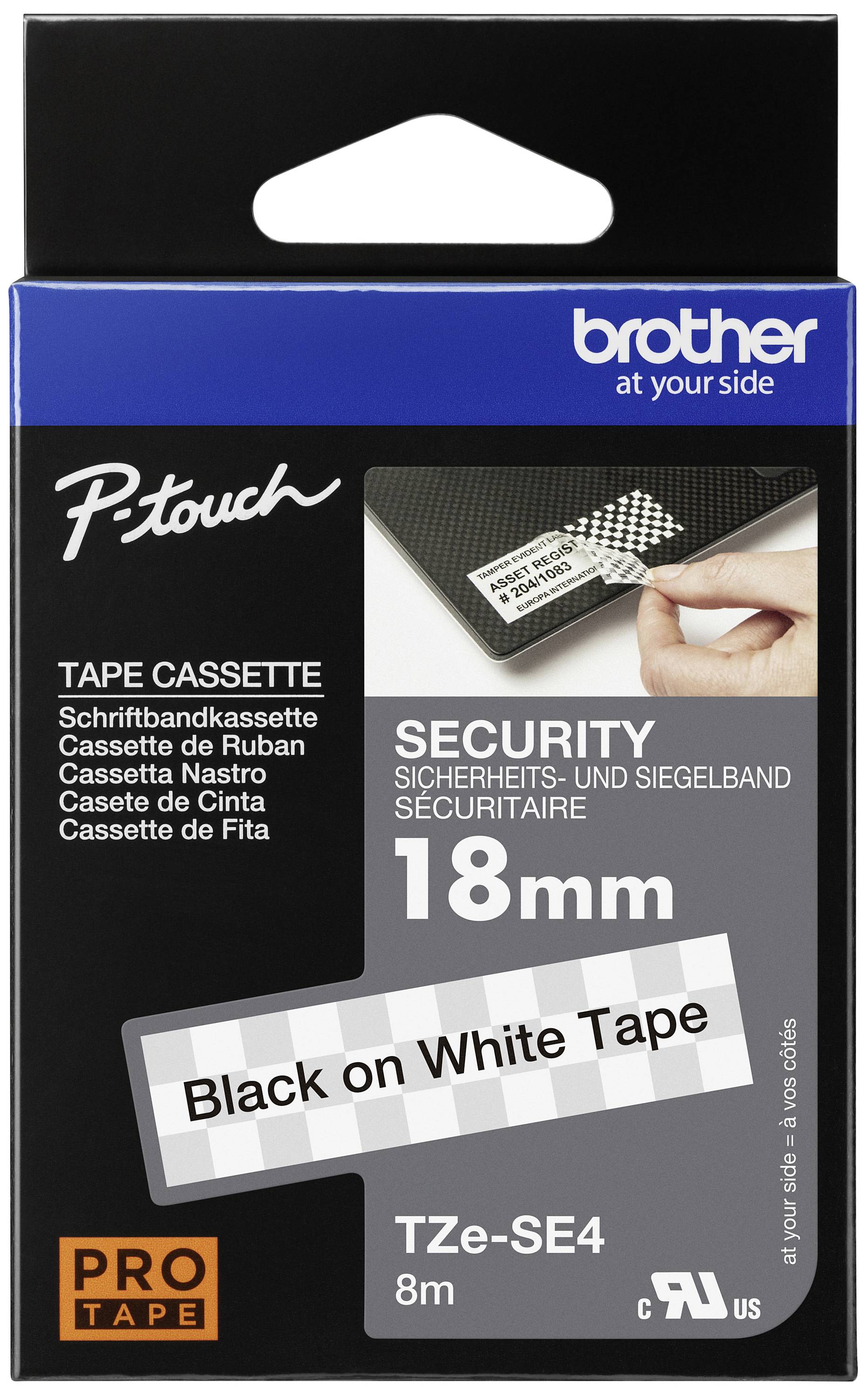 Cassette de ruban de sécurité et de scellement Brother P-touch, 18 mm, noir sur blanc, longueur de 8 m. Emballage avec illustration de la cassette.