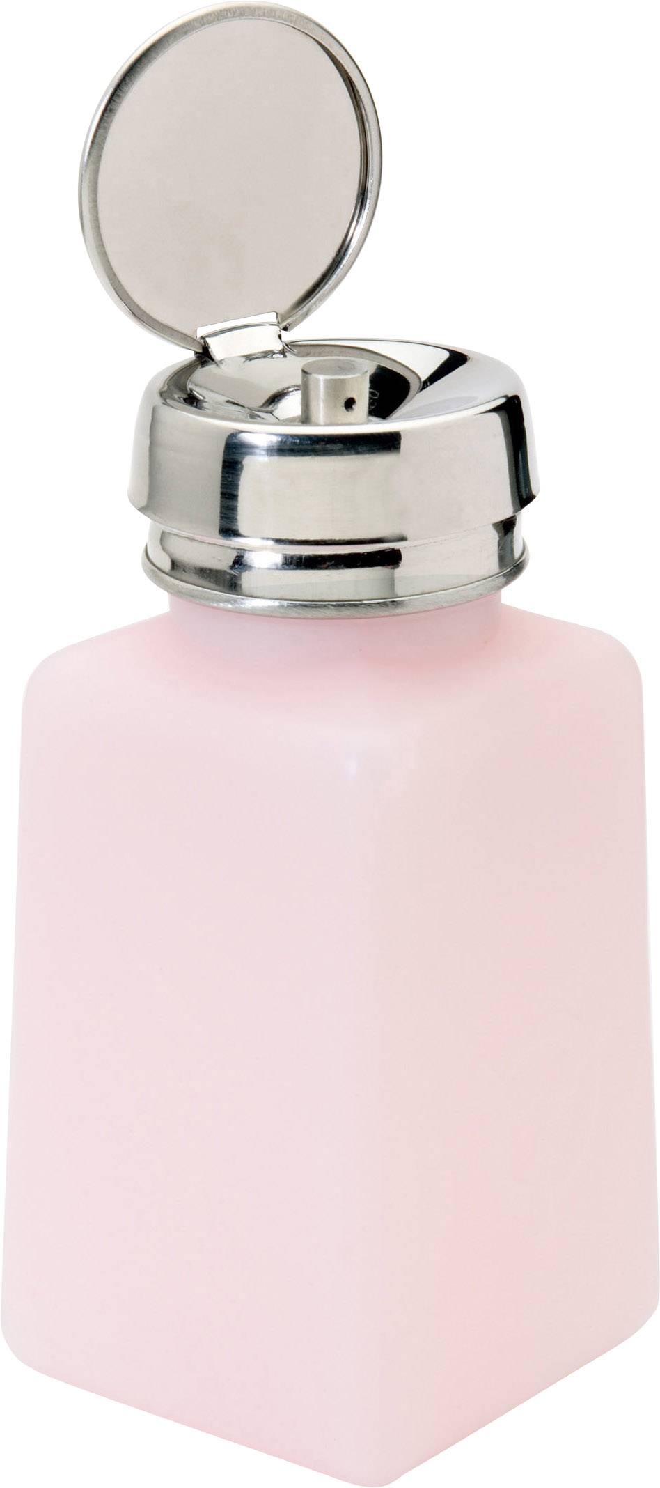 Un distributeur rose avec un couvercle rabattable argenté, adapté aux liquides tels que le dissolvant à vernis à ongles.