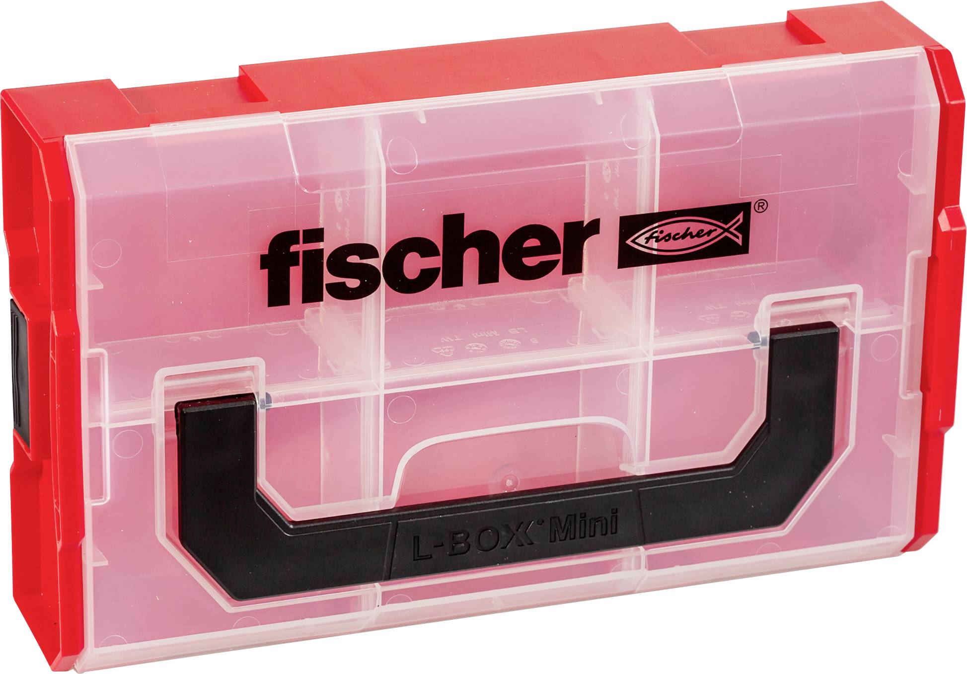 Boîtier de rangement Fischer L-Boxx Mini rouge transparent avec poignée noire et logo, présenté fermé sur un fond blanc.