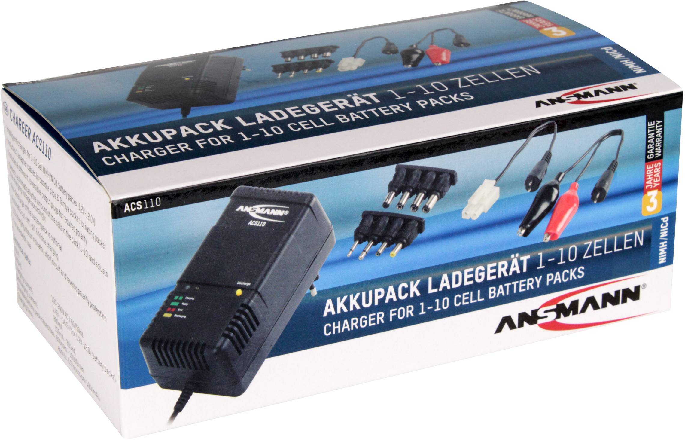 Chargeur pour batteries de 1 à 10 cellules de Ansmann, livré avec différents adaptateurs sur l'emballage.
