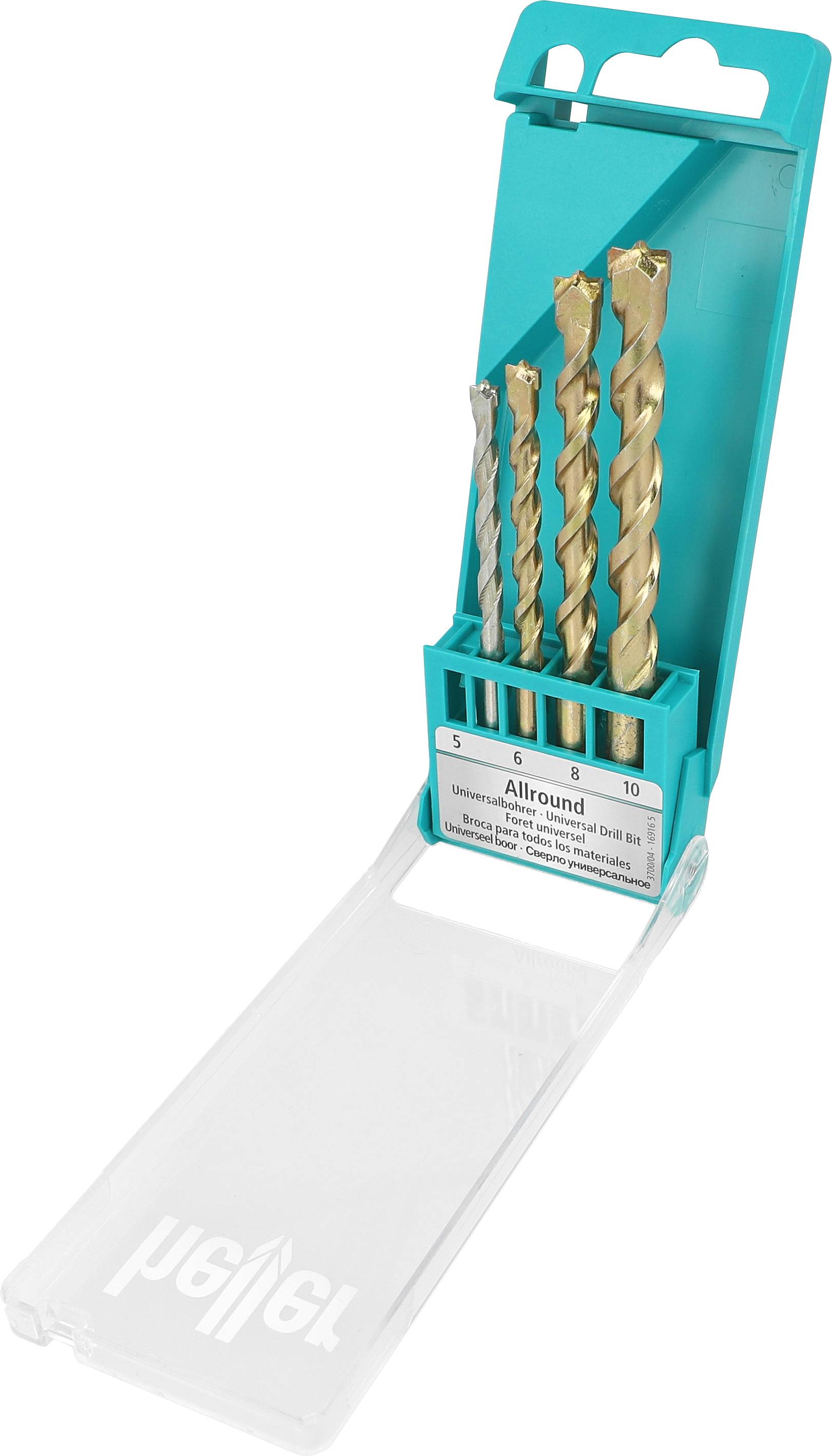 Un ensemble de cinq forets de différentes tailles, rangés dans un boîtier en plastique turquoise.