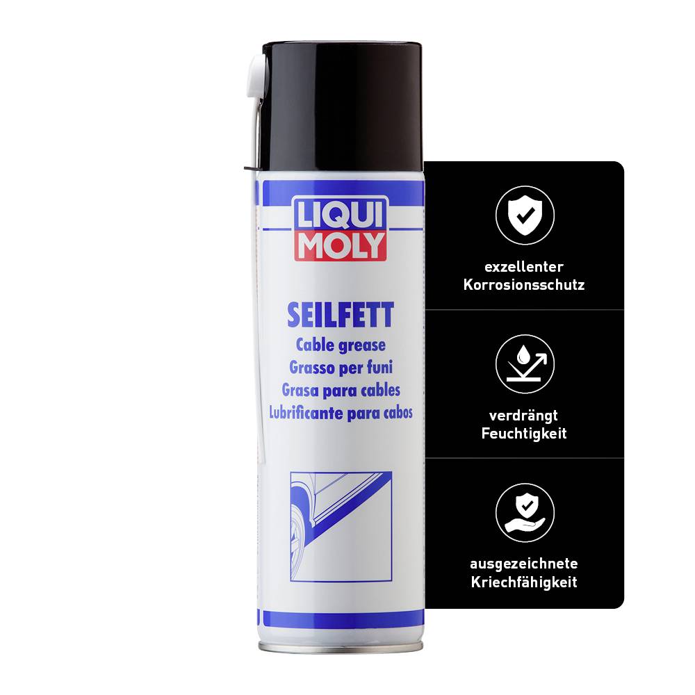 Une bombe aérosol portant l'inscription 'Liqui Moly Graisse pour câbles'. Le texte sur la boîte indique une protection contre la corrosion, un déplacement de l'humidité et une capacité de fluage.