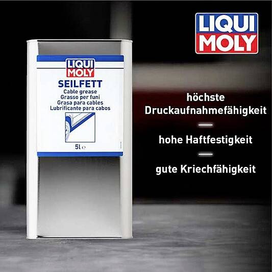 Récipient de 'Liqui Moly Graisse pour câbles' devant un arrière-plan flou. Texte à droite : 'capacité de charge maximale – adhérence élevée – bonne capacité de fluage'.