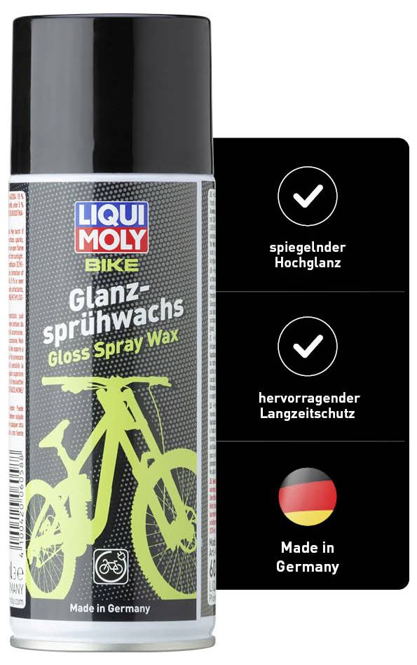 Boîte de spray d'entretien pour vélo 'Cire Brillante en Spray'. Promet un brillant miroir éclatant et une protection à long terme exceptionnelle. Fabriqué en Allemagne.