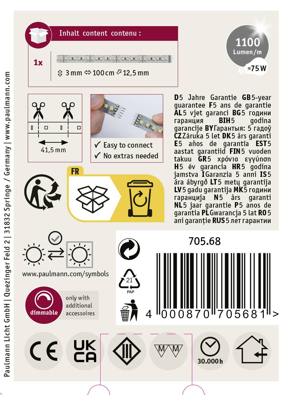 Paulmann MaxLED 1000 70568 Ruban LED (Extension) avec connecteur mâle 24 V 1 m blanc chaud 1 pc(s)