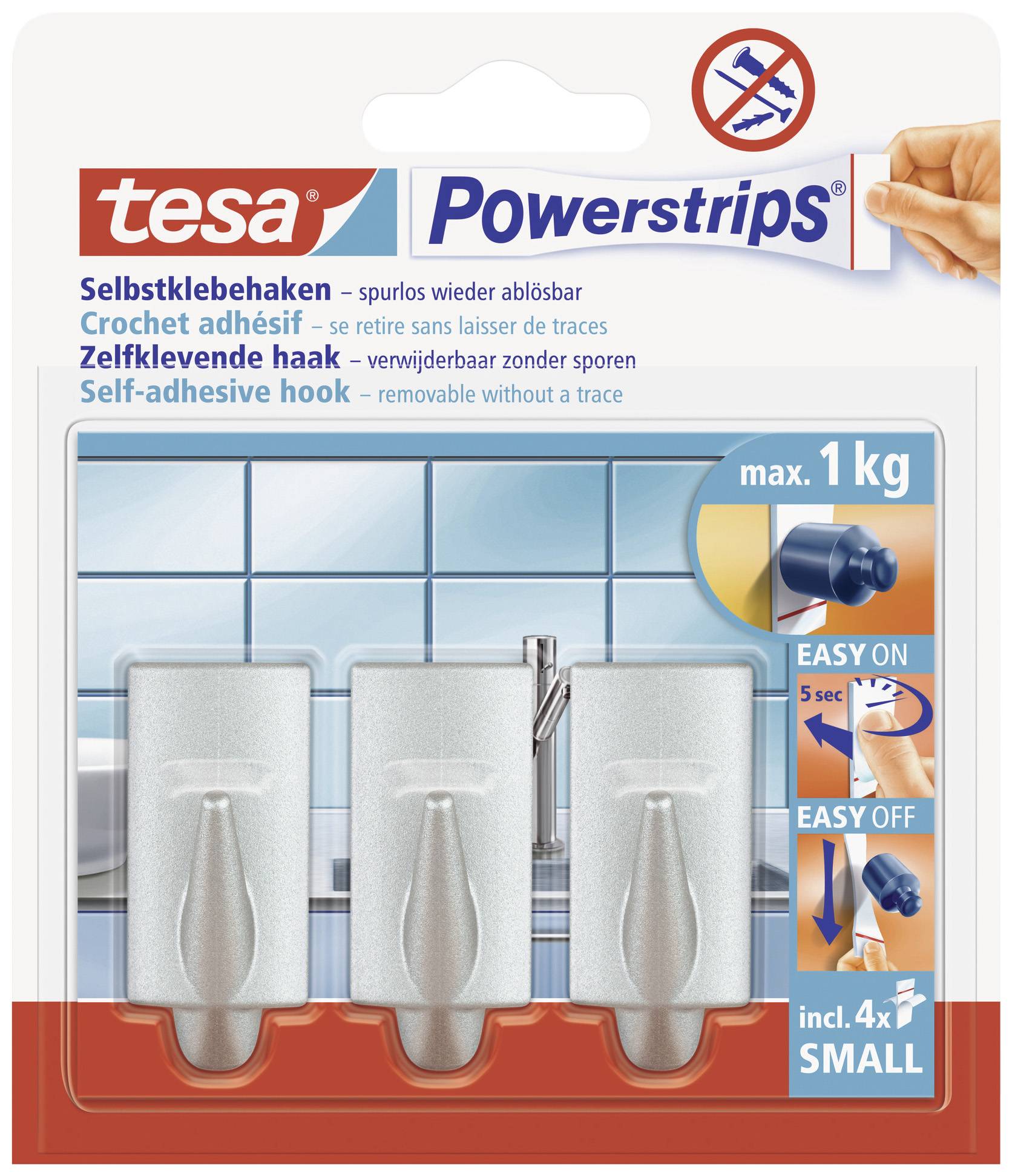 'Emballage de tesa Powerstrips, 4 petits crochets adhésifs pour surfaces lisses. Supporte jusqu'à 1 kg. Faciles à installer et à enlever.'