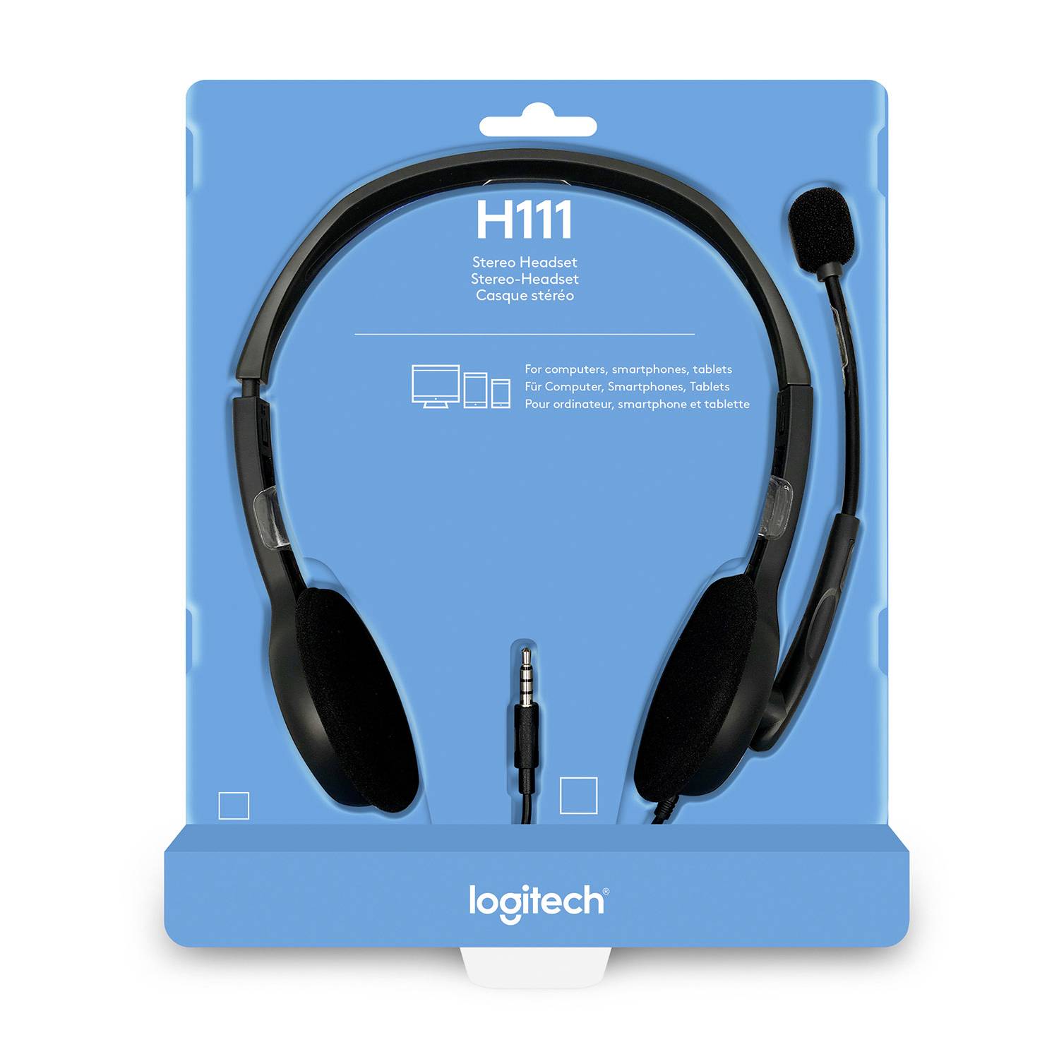 Casque stéréo Logitech H111 de couleur noire, adapté aux ordinateurs, smartphones et tablettes, présenté sur un fond bleu.