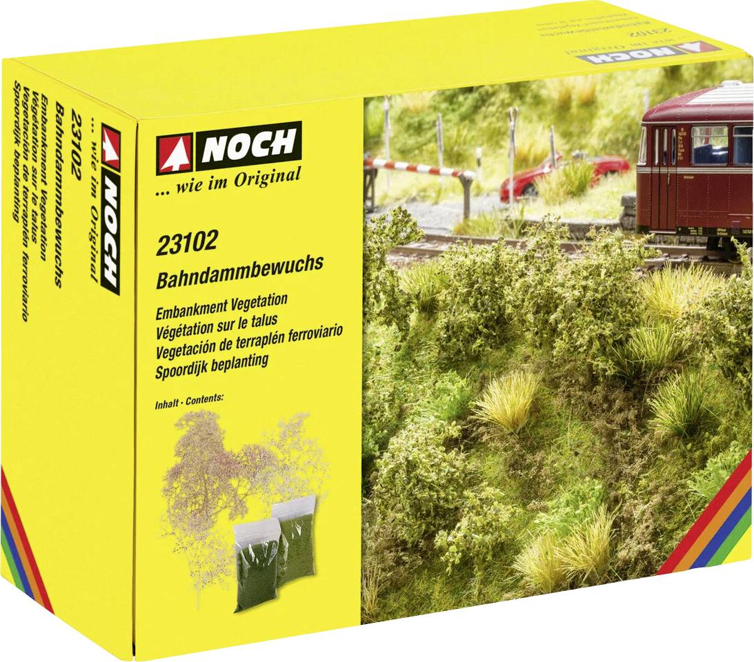 Emballage pour NOCH 23102 'Bahndamm bewuchs' (végétation de talus ferroviaire) pour modèles réduits de chemins de fer, montré avec une image de diorama de train de paysage.