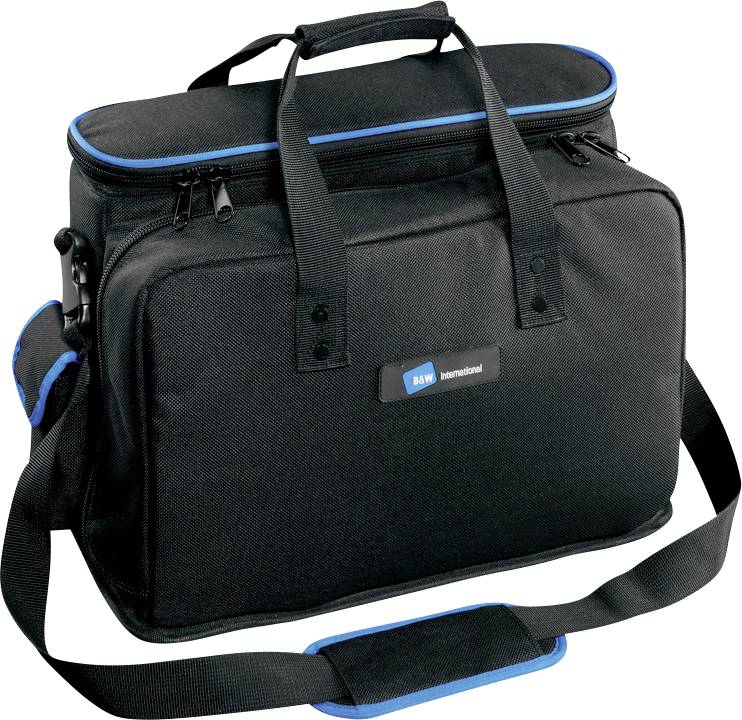 Un sac de transport noir avec des accents bleus et des sangles, adapté au transport sécurisé d'objets fragiles.