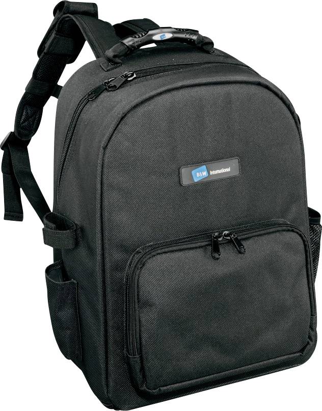 Sac à dos noir avec plusieurs compartiments et une poignée de transport en haut. Adapté pour le transport d'appareils techniques ou d'effets personnels.