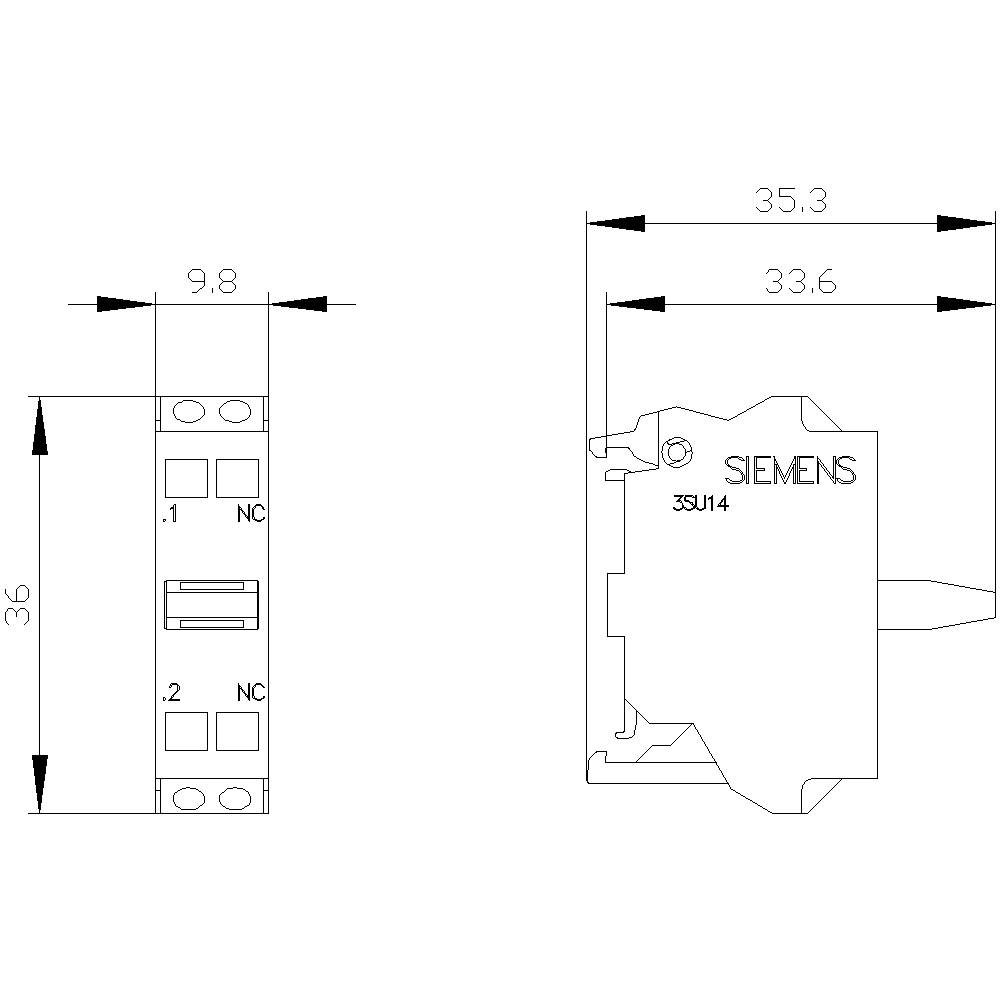 Diagramme d'un interrupteur Siemens avec dimensions de 36 x 9,8 mm, vue de face et de côté. Présente les détails techniques et le marquage de connexion NC.