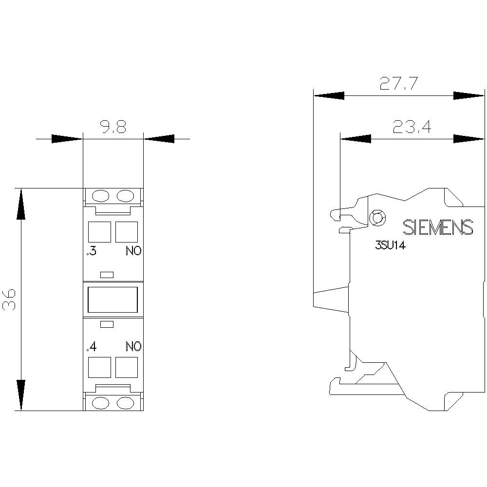 Dessin technique d'un interrupteur Siemens, dimensions : largeur 9,8 mm, hauteur 36 mm, profondeur 27,7 mm. Vue de face et vue latérale représentées.