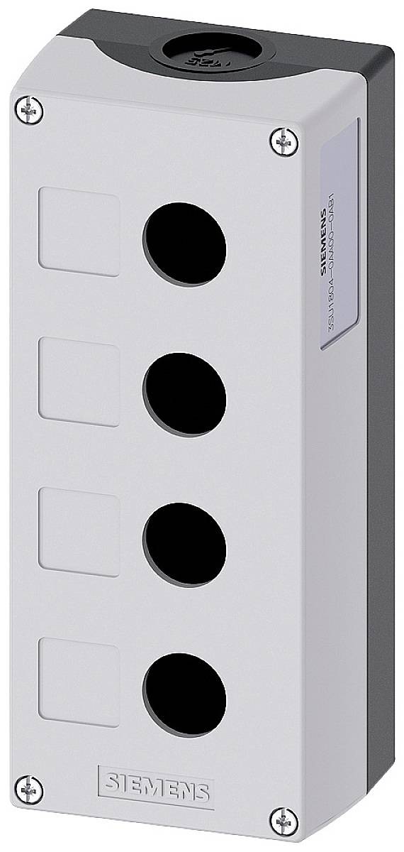 Boîtier avec quatre découpes rondes pour l'intégration d'éléments de commande, adapté à l'installation murale.