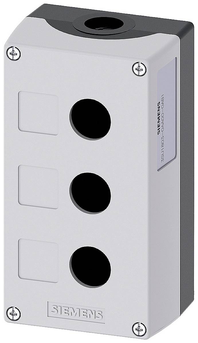 Un boîtier gris de Siemens pour jusqu'à trois boutons de commande, rectangulaire avec des vis de fixation aux coins.