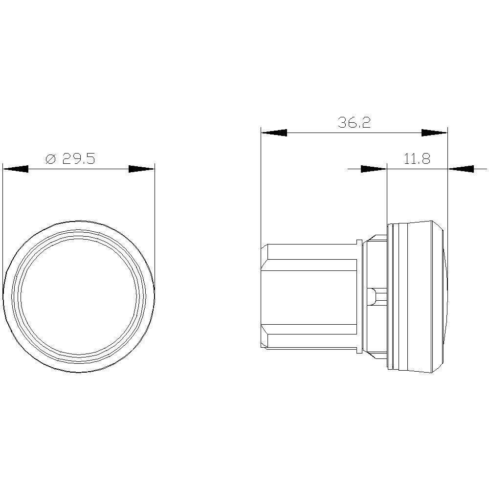 Dessin technique d'un objet cylindrique, diamètre 29,5 mm, longueur 36,2 mm, vue latérale montrant les détails de fabrication.