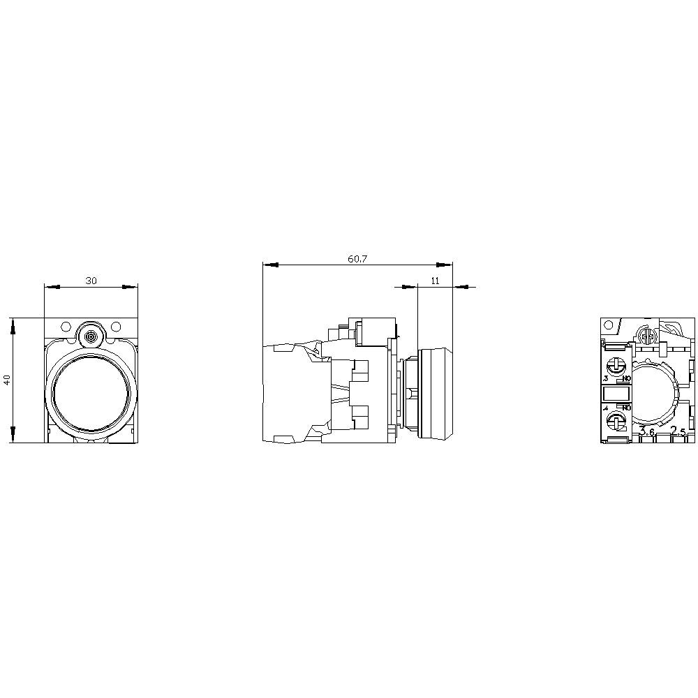 Dessin technique d'un composant électrique avec trois vues : vue de face, vue latérale et vue arrière. Les dimensions sont indiquées.